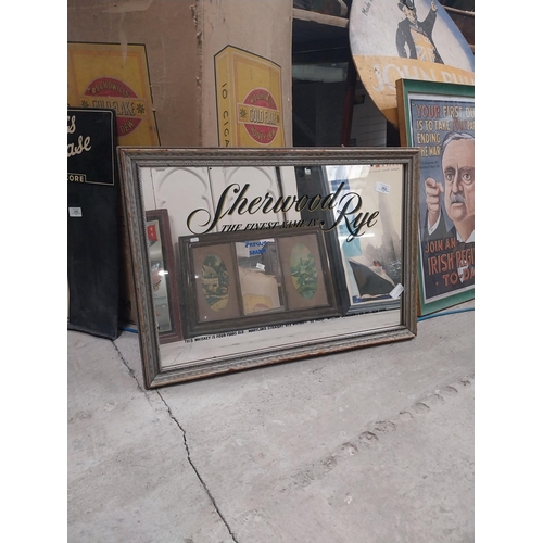 562 - Sherwood Rye The Finest Whiskey framed advertising mirror. {48 cm H x 68 cm W}.