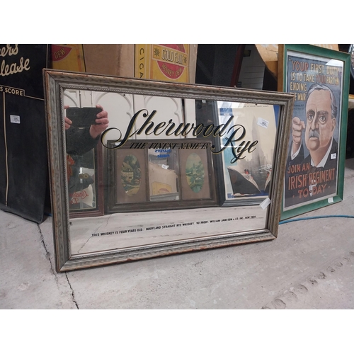 562 - Sherwood Rye The Finest Whiskey framed advertising mirror. {48 cm H x 68 cm W}.