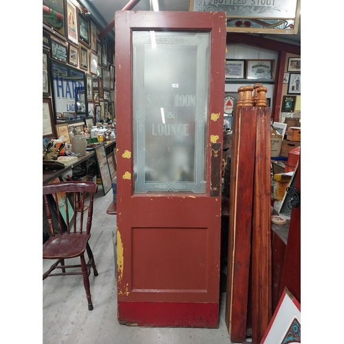 563 - Pair of  early 1900's painted pine bar doors with etched glass Smoke Room and Lounge {205 cm H x 69 ... 