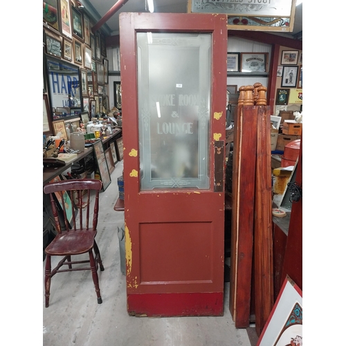 563 - Pair of  early 1900's painted pine bar doors with etched glass Smoke Room and Lounge {205 cm H x 69 ... 