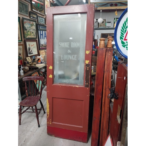 563 - Pair of  early 1900's painted pine bar doors with etched glass Smoke Room and Lounge {205 cm H x 69 ... 