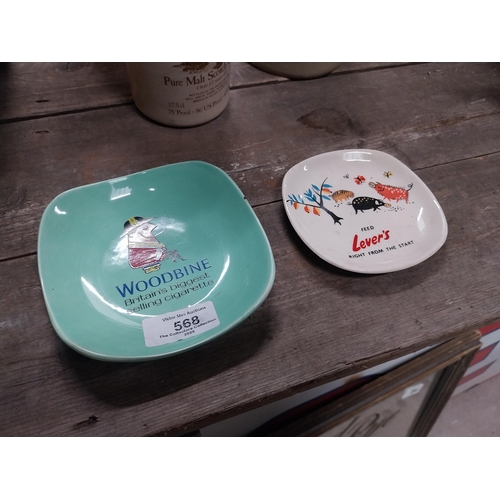 568 - Woodbine ceramic ashtray {12 cm W x 12 cm D} and Feed Levers Right From the Start. {10 cm H x 10 cm ... 