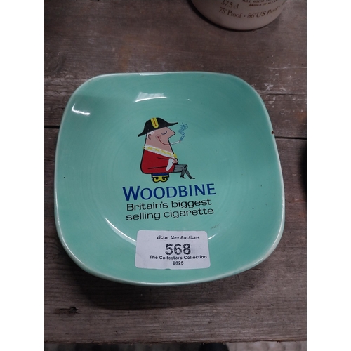 568 - Woodbine ceramic ashtray {12 cm W x 12 cm D} and Feed Levers Right From the Start. {10 cm H x 10 cm ... 