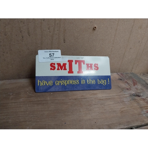 57 - Smith's Crisps in the bag tin plate advertising sign. {10 cm H x 7 cm W}.