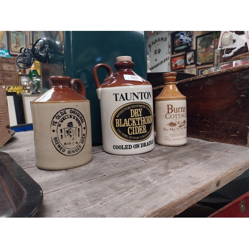 570 - Taunton Dry Blackthorn Cider and Ginger Beer bottle and Burns Cottage Whiksey flagon. {2o cm H x 12 ... 