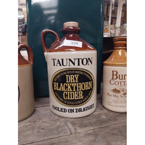 570 - Taunton Dry Blackthorn Cider and Ginger Beer bottle and Burns Cottage Whiksey flagon. {2o cm H x 12 ... 