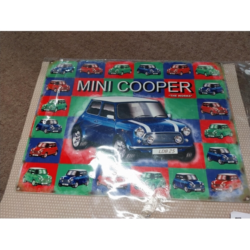 570A - Tin Plate Mini Cooper advertising sign. {20 cm H x 40 cm W}.