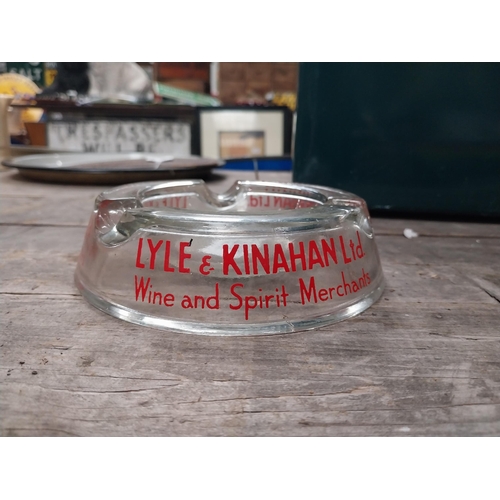 577 - Lyle and Kinahan Cullingtree Road Belfast glass advertising ashtray. {4 cm H x 15 cm Dia.}.