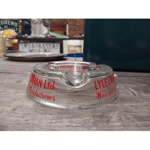 577 - Lyle and Kinahan Cullingtree Road Belfast glass advertising ashtray. {4 cm H x 15 cm Dia.}.