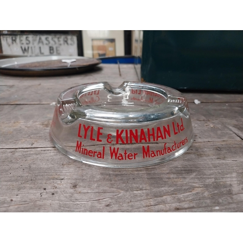 577 - Lyle and Kinahan Cullingtree Road Belfast glass advertising ashtray. {4 cm H x 15 cm Dia.}.