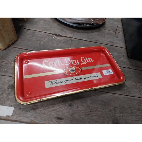 578 - Cork Dry Gin tin plate advertising drink's tray. {2 cm H x 36 cm W x 18 cm D}.