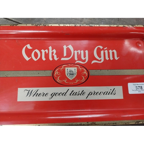 578 - Cork Dry Gin tin plate advertising drink's tray. {2 cm H x 36 cm W x 18 cm D}.