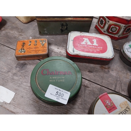 580 - Twelve tobacco tins - Mick McQuaid, Sweet Cut etc. {7 cm W x 10 cm W}.