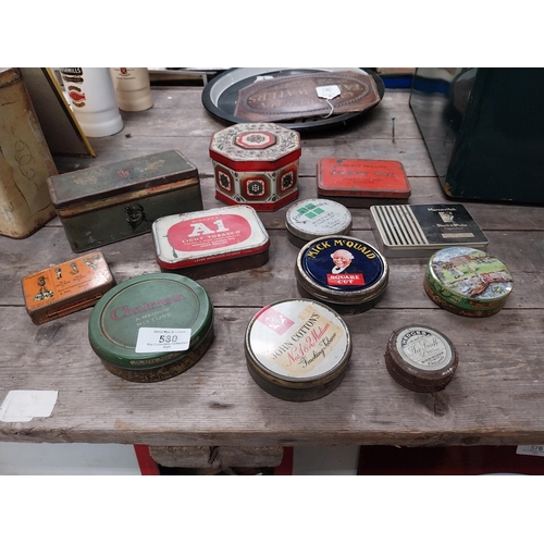 580 - Twelve tobacco tins - Mick McQuaid, Sweet Cut etc. {7 cm W x 10 cm W}.