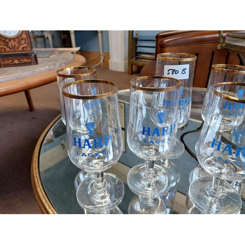 580B - Nine Harp Lager glasses. {17 cm H x 6 cm W}.