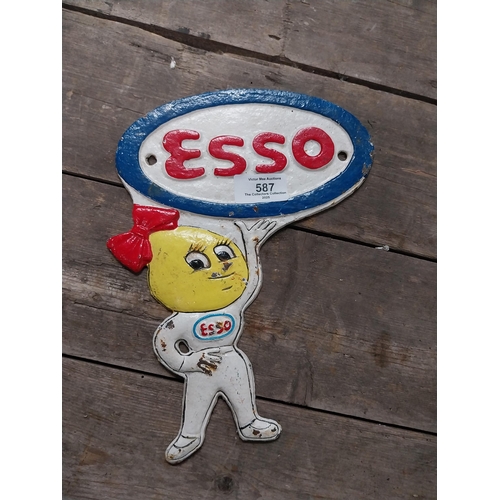 587 - Cast iron Esso Man advertising plaque. {28 cm H x 12 cm W}.