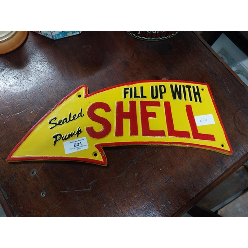 601 - Fill up with Shell cast iron arrow sign. {17 cm H x 39 cm W}.