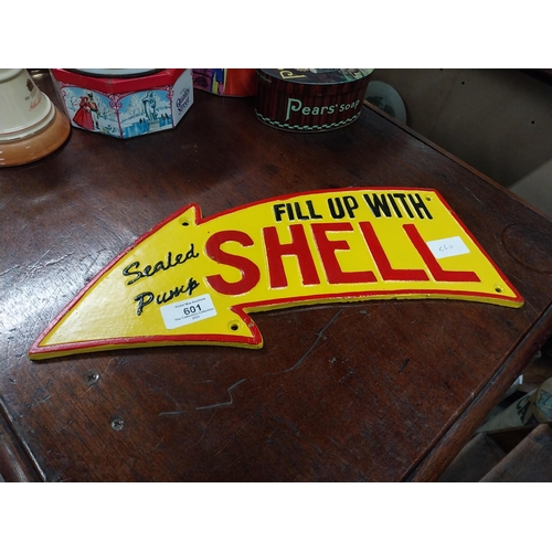 601 - Fill up with Shell cast iron arrow sign. {17 cm H x 39 cm W}.