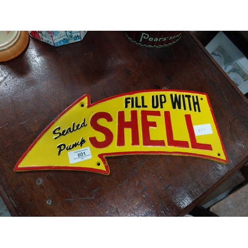 601 - Fill up with Shell cast iron arrow sign. {17 cm H x 39 cm W}.