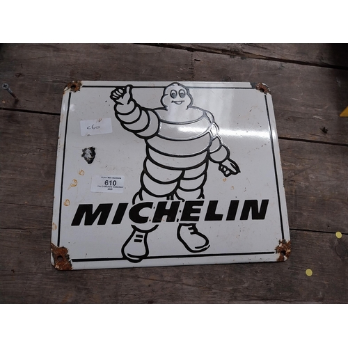 610 - Michelin Man enamel advertising sign. {24 cm H x 28 cm W}.