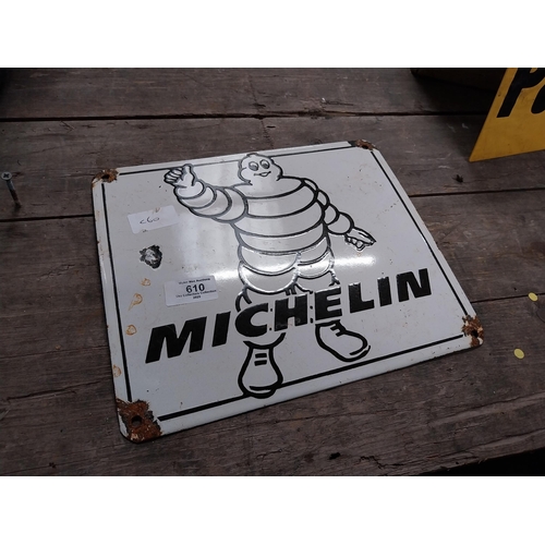 610 - Michelin Man enamel advertising sign. {24 cm H x 28 cm W}.