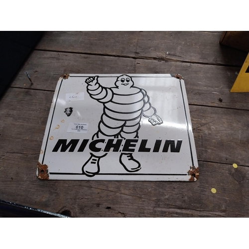 610 - Michelin Man enamel advertising sign. {24 cm H x 28 cm W}.