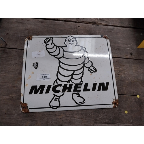 610 - Michelin Man enamel advertising sign. {24 cm H x 28 cm W}.