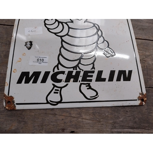 610 - Michelin Man enamel advertising sign. {24 cm H x 28 cm W}.