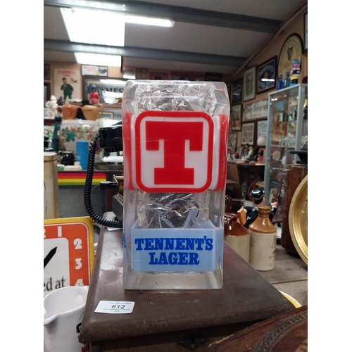 611 - Tennent's Lager plastic light up counter font. {25 cm H x 12 cm W x 12 cm D}.