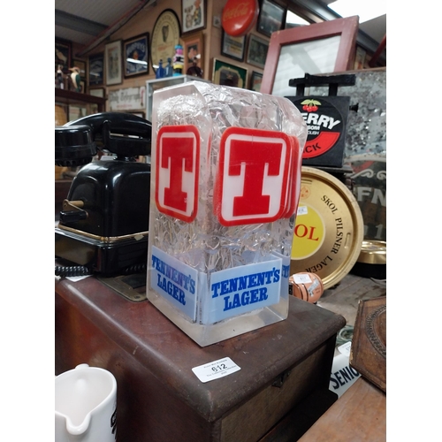 611 - Tennent's Lager plastic light up counter font. {25 cm H x 12 cm W x 12 cm D}.