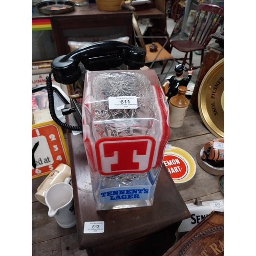 611 - Tennent's Lager plastic light up counter font. {25 cm H x 12 cm W x 12 cm D}.