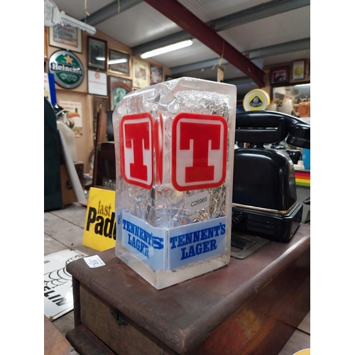 611 - Tennent's Lager plastic light up counter font. {25 cm H x 12 cm W x 12 cm D}.