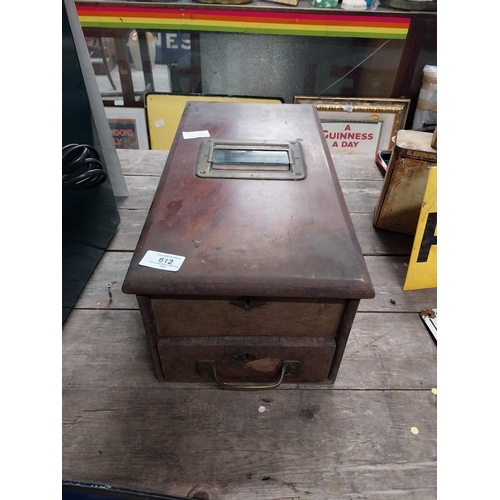 612 - Early 20th C mahogany and brass counter top shop till. {18 cm H x 33 cm W x 43 cm D}.