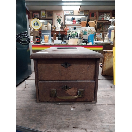 612 - Early 20th C mahogany and brass counter top shop till. {18 cm H x 33 cm W x 43 cm D}.