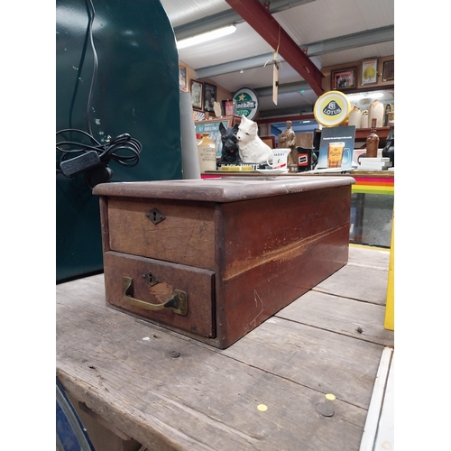 612 - Early 20th C mahogany and brass counter top shop till. {18 cm H x 33 cm W x 43 cm D}.