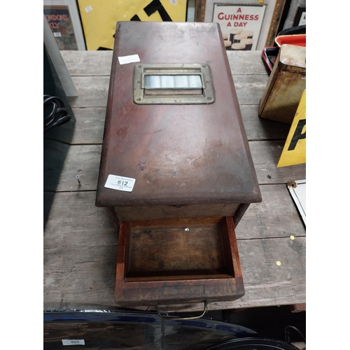 612 - Early 20th C mahogany and brass counter top shop till. {18 cm H x 33 cm W x 43 cm D}.