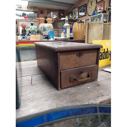 612 - Early 20th C mahogany and brass counter top shop till. {18 cm H x 33 cm W x 43 cm D}.