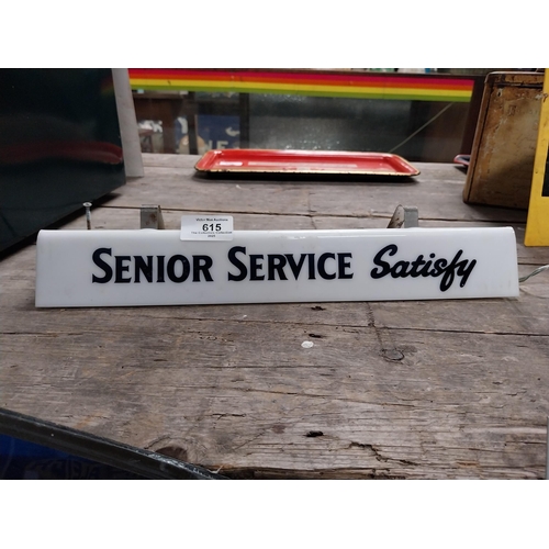 615 - Perspex Senior Service Satisfy light up shelf sign. {6 cm H x 35 cm W x 8 cm D}.