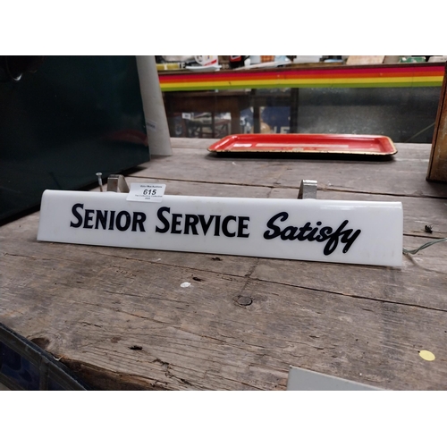 615 - Perspex Senior Service Satisfy light up shelf sign. {6 cm H x 35 cm W x 8 cm D}.