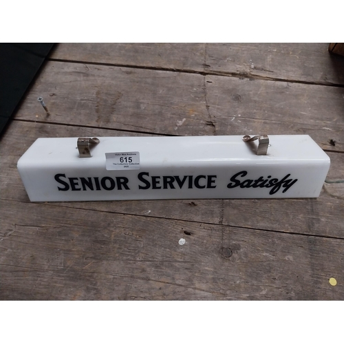 615 - Perspex Senior Service Satisfy light up shelf sign. {6 cm H x 35 cm W x 8 cm D}.