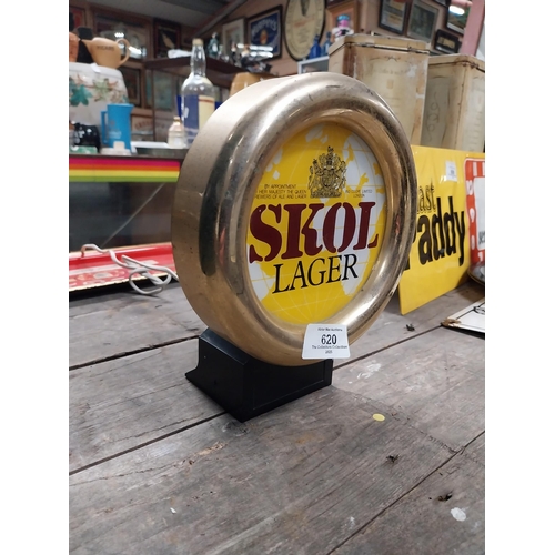 620 - 1970's Skol Lager counter light up box. {21 cm H x 17 cm W x 10 cm D}.