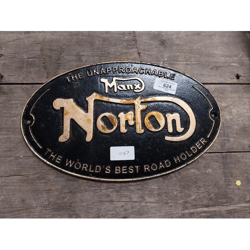 624 - Manx Norton cast iron advertising plaque. {20 cm H x 33 cm W}.