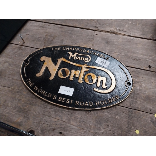 624 - Manx Norton cast iron advertising plaque. {20 cm H x 33 cm W}.