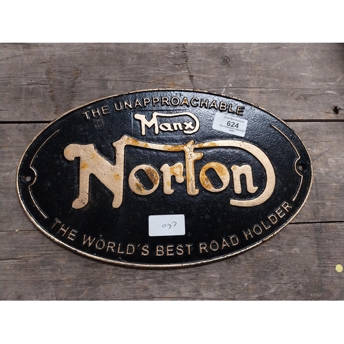 624 - Manx Norton cast iron advertising plaque. {20 cm H x 33 cm W}.