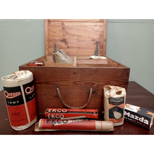 640A - Wooden crate of old light , lamp bulbs in original packaging to include ekco, Mazda, Tungstalite, Ph... 