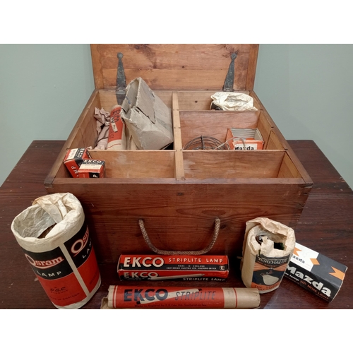 640A - Wooden crate of old light , lamp bulbs in original packaging to include ekco, Mazda, Tungstalite, Ph... 