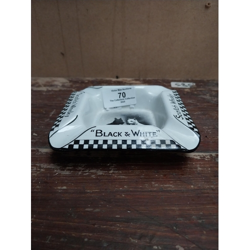 70 - Black and White Scotch Whiskey advertising ashtray {3 cm H x 12 cm W x  12 cm D}.