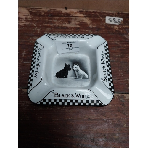 70 - Black and White Scotch Whiskey advertising ashtray {3 cm H x 12 cm W x  12 cm D}.