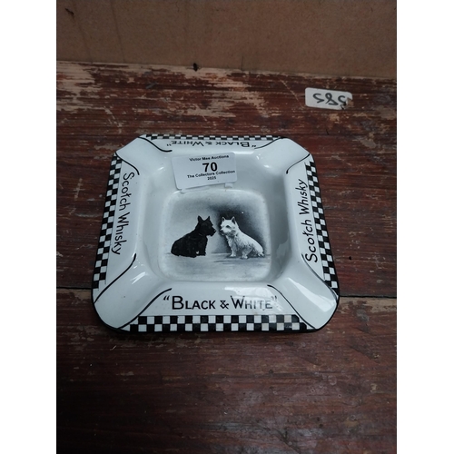 70 - Black and White Scotch Whiskey advertising ashtray {3 cm H x 12 cm W x  12 cm D}.