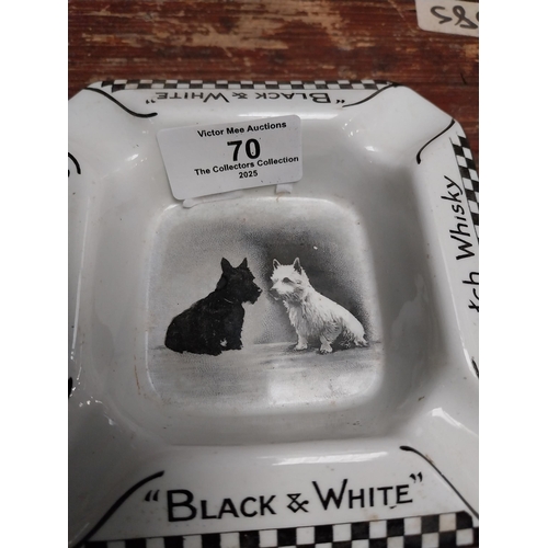 70 - Black and White Scotch Whiskey advertising ashtray {3 cm H x 12 cm W x  12 cm D}.